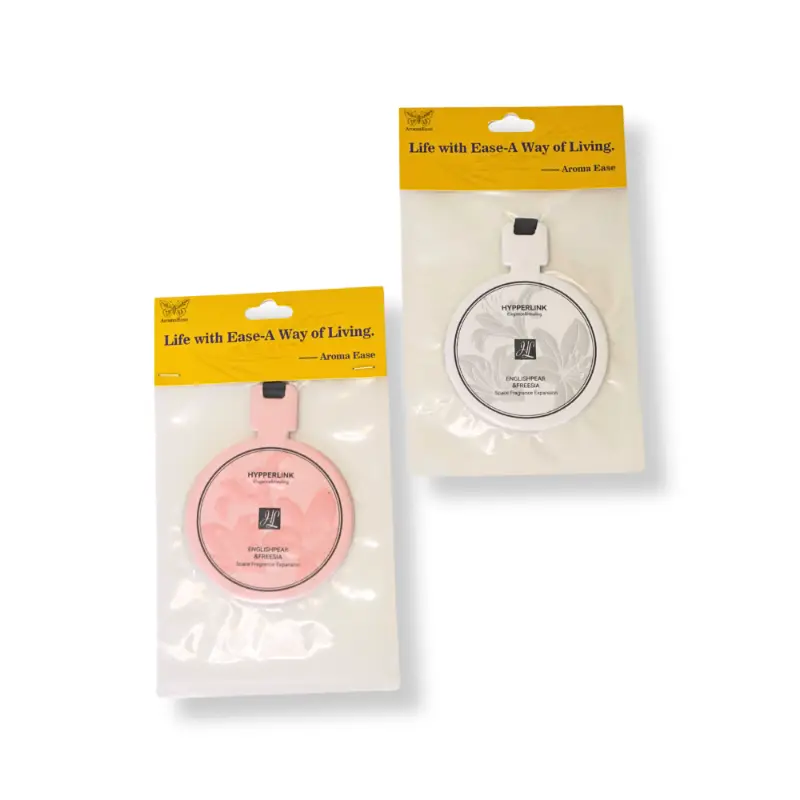 Packaging set of round paper air fresheners with embossed floral detailing and hanging straps